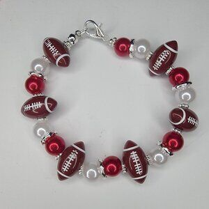Handmade Beaded White And Red Football Bracelet in silver